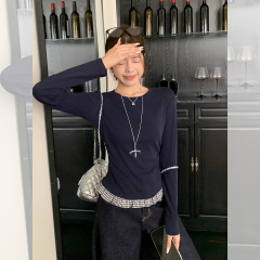 藏蓝色蝴蝶结格子拼接下摆长袖T恤女2025早秋褶皱镂空打底衫上衣