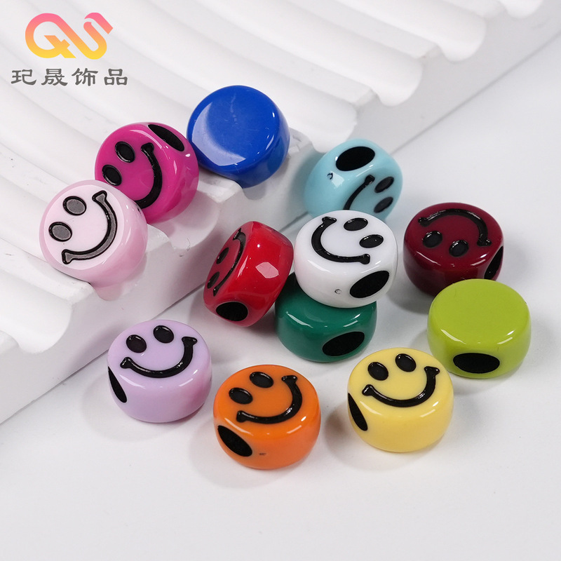 Macaron Color Cartoon Smiley Face 12mm Round Flat Beads DIY Bracelet Mobile Phone Chain Necklace Hair Rope Jewelry Accessories