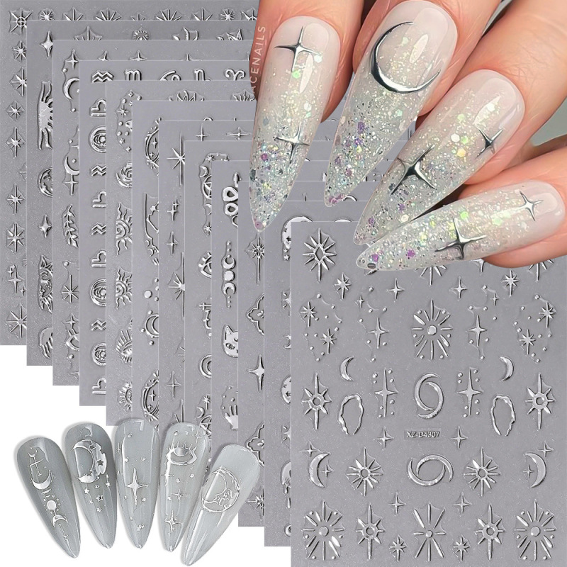 Cross-Border Mirror Silver Star and Moon Nail Art Stickers with Adhesive Backing, Self-Adhesive Four-Pointed Star and Crescent Nail Decorations, Girly Nail Art Stickers