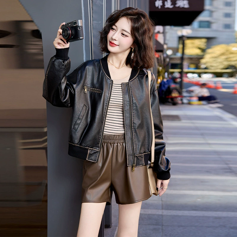 2024 осень новая женская корейская версия тонкого локомотива тонкая кожаная куртка женская короткая кожаная куртка WA1905