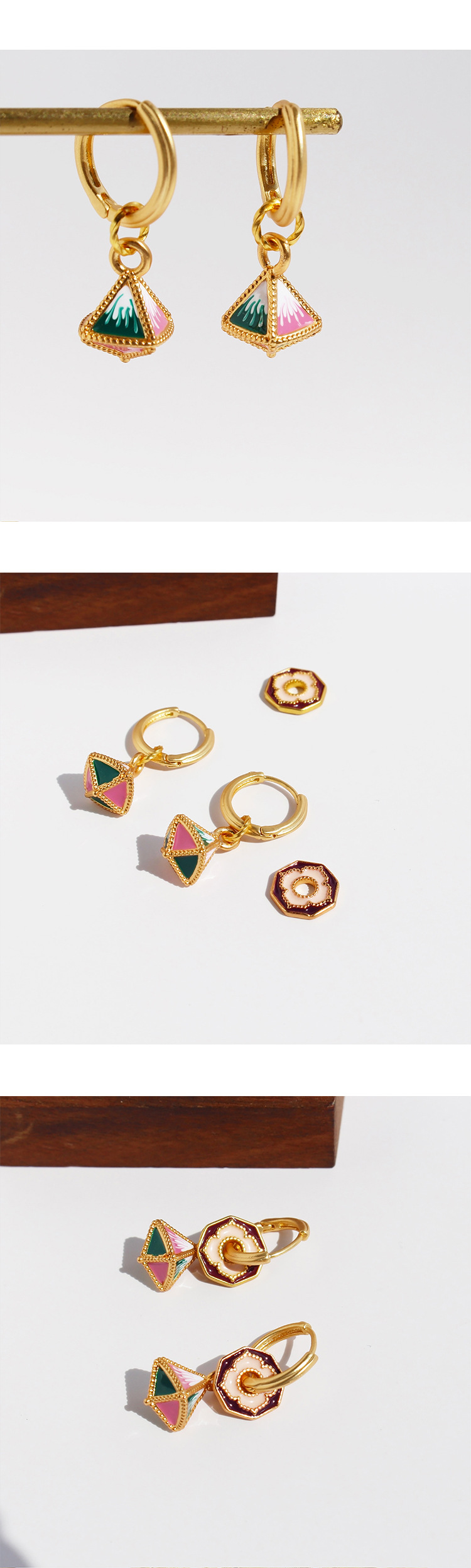 1 Pair Chinoiserie Casual Geometric Flower Enamel Plating Brass 18K Gold Plated Drop Earrings display picture 3