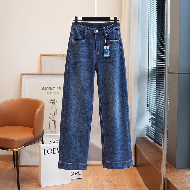 Pole Step Pole Quality Slim Leg Straight Cotton Elastic Loose Wide Leg High Waist Fleece Casual Denim Ninees/Long Pants Women
