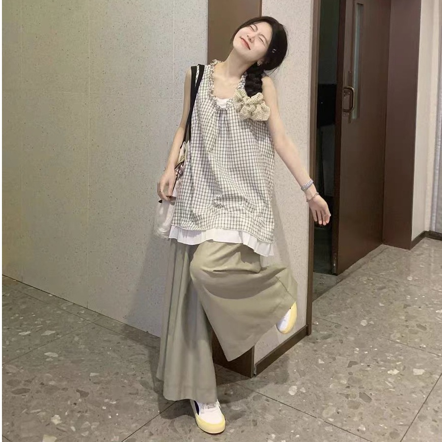Artistic Retro Outfit for Women, New Summer Style, Loose Plaid Lace Collar Sleeveless Shirt and Wide-Leg Pants Two-Piece Set