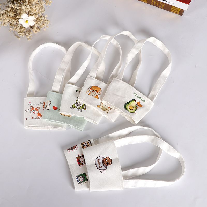 ins卡通奶茶通用型帆布环保杯套学生手提兜中国国潮风可钉制