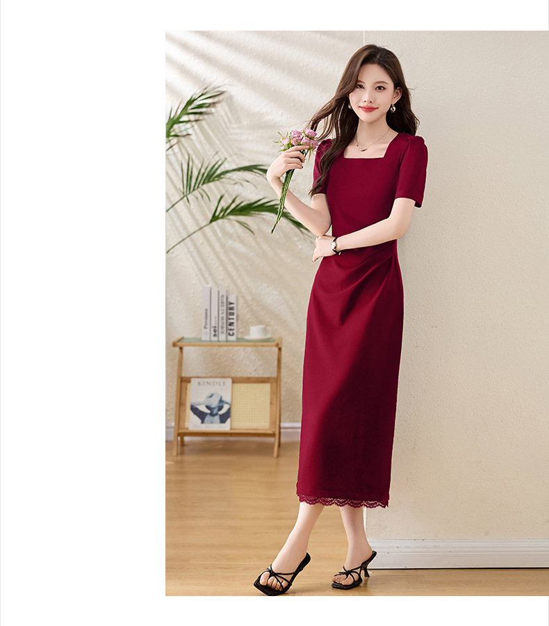 Đầm maxi cổ vuông tay phồng xẻ tà ôm dáng mùa hè 2025 — Màu đen, Màu đỏ chi tiết 22