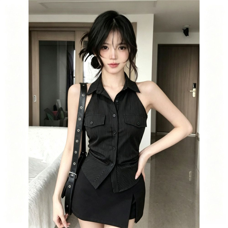 Korean-Style Spicy Girl Black Striped Sleeveless Halter Neck Shirt for Women, Summer Slim Fit Waist-Cinching Backless Design Niche Top