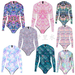 Europe and the United States new 2024 cross-border spring and summer hot mermaid swimsuit 3d digital printing ladies long sleeve one-piece swimming