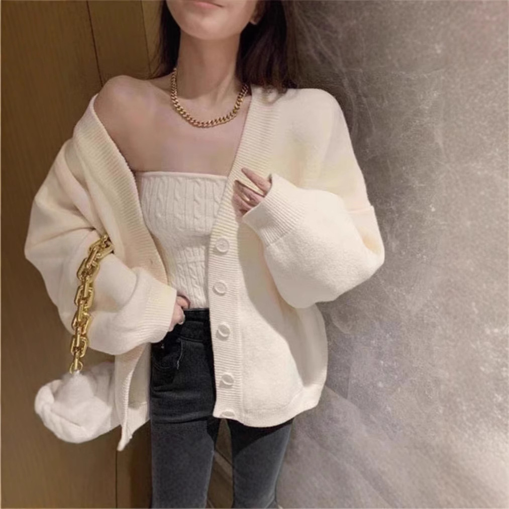 2026 Early Autumn Tops Korean Style Mid-Length Sweater Jacket Cardigan Retro Gentle Tube Top Two-Piece Set for Women