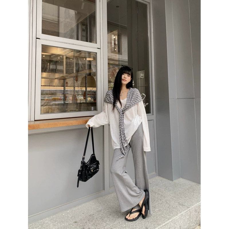 Реальный снимок, реальная цена, популярная солнцезащитная блузка в ленивом стиле, футболка, слегка расклешенная повседневная летняя длинная полосатая верхняя шаль