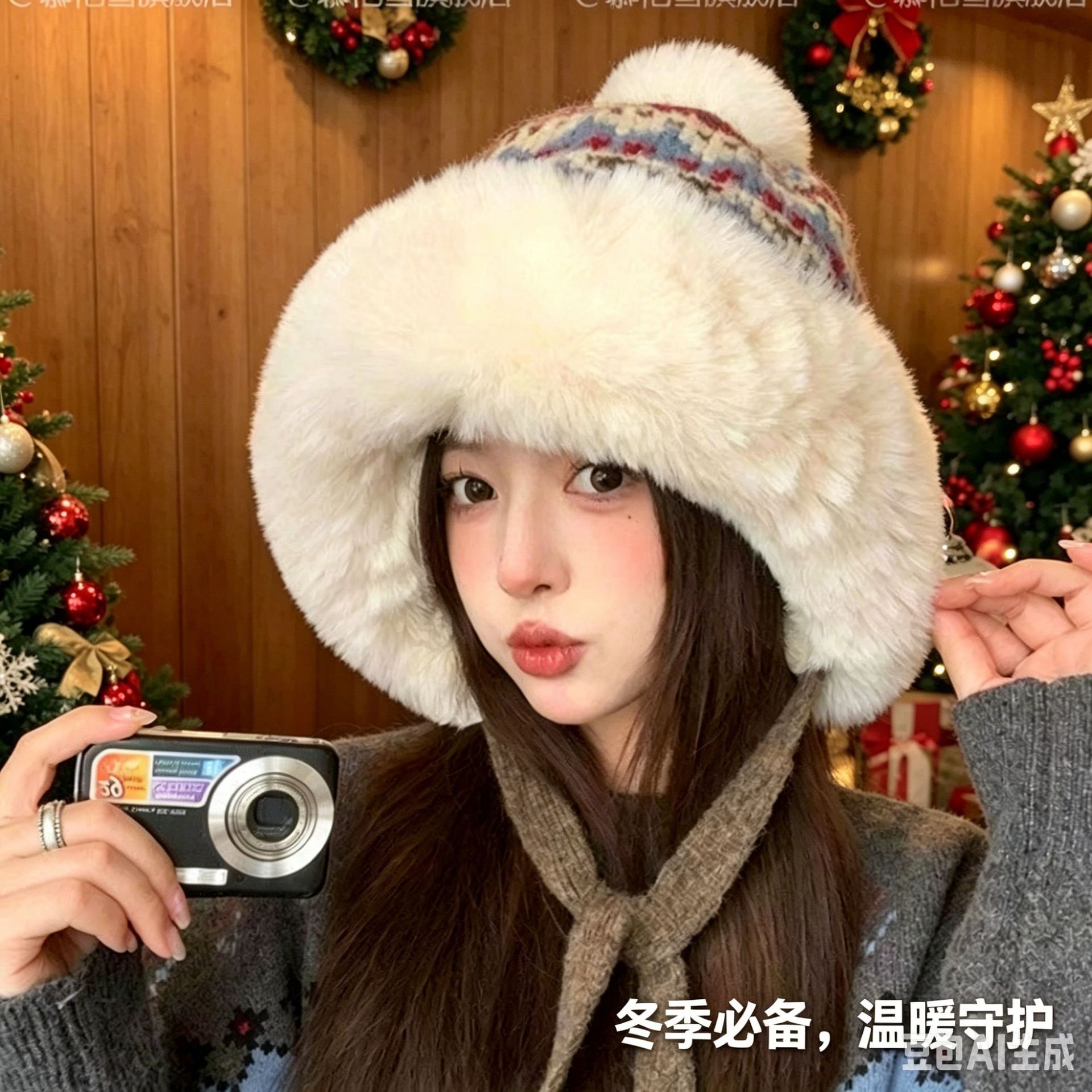 秋冬季复古雷锋帽新款加绒加厚针织帽保暖护耳毛绒帽子东北毛线帽