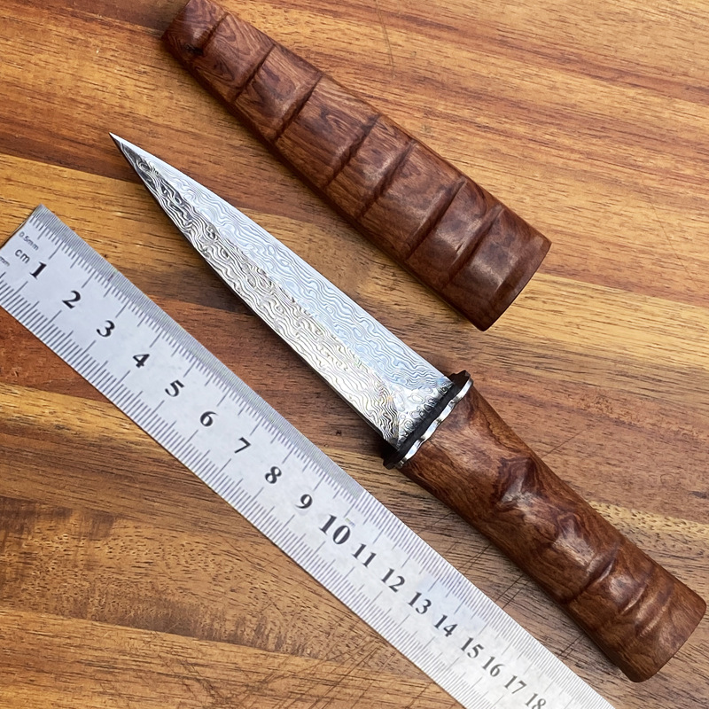 热销大马士革钢手工锻打刀木鞘刀高硬度家用切水果刀小直刀随身刀