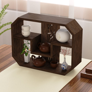 Solid Wood Chinese-Style Storage Rack with Hollow Design for Tea Set Display and Storage