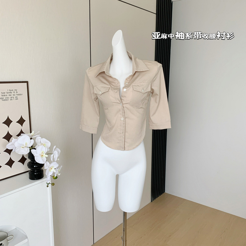 100リネンミッドスリーブレースアップウエストシャツ女性用、芸術的な気質、ダブルポケットショートトップ|undefined