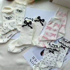バレエ風ミッドカーフソックス レディース ロリータ 春夏 インズ トレンド メッシュレース リボンパイルソックス