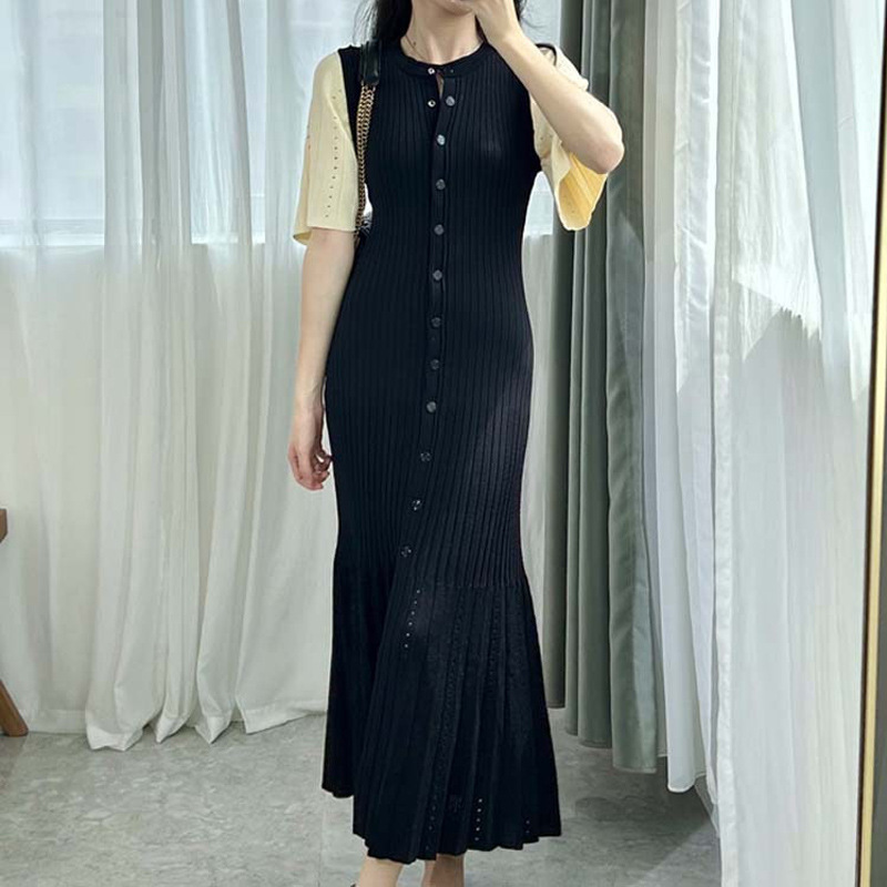 Cross-Border European and American Summer New Short-Sleeve Knit Dress 2026 French Style High-End Women's Elegant Slit Long Dress Cross-Border European and American Summer New Short-Sleeve Knit Dress 2026 French Style High-End Women's Elegant Slit Long Dress
