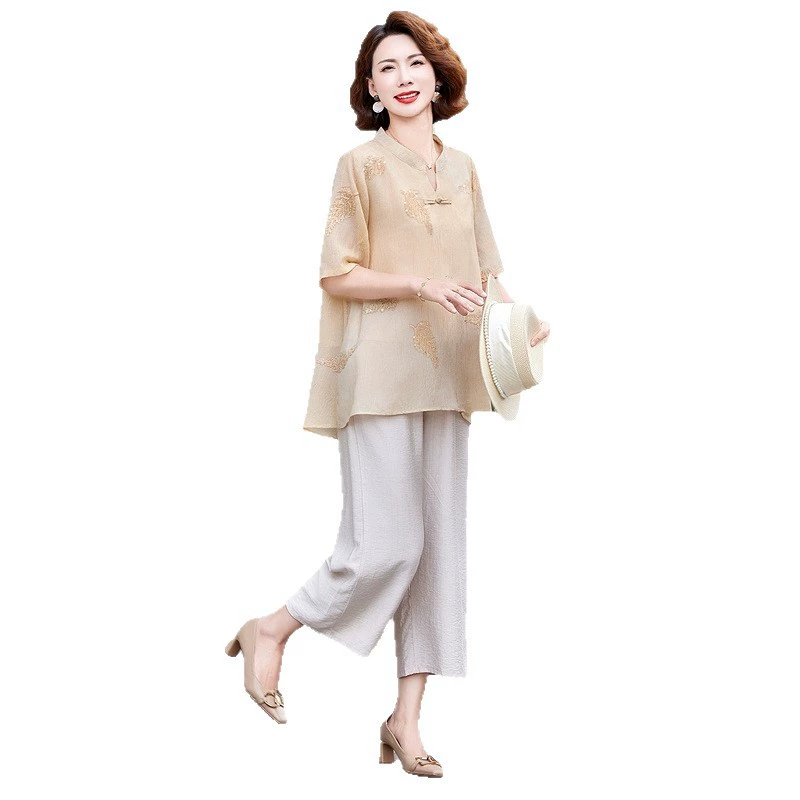 Летняя рубашка с короткими рукавами в китайском стиле для мамы, модные новые летние широкие женские топы для женщин среднего и пожилого возраста 2025 года, футболки