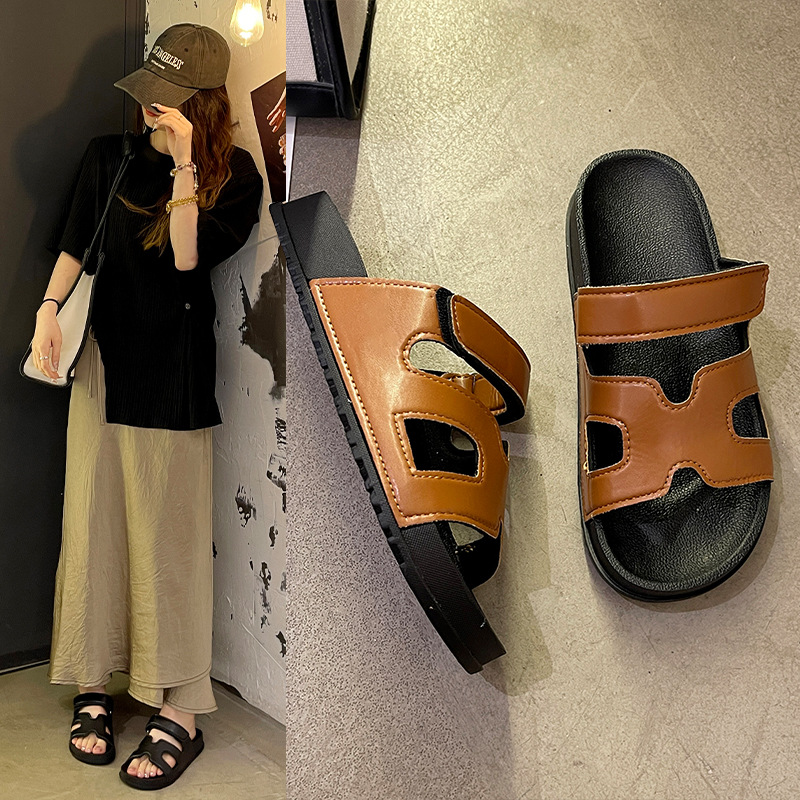 빈티지 벨크로 슬리퍼 여성 아우터 여름 패션 뉴 홈 실내 1 스레드 신발 캐주얼 플랫 비치 신발