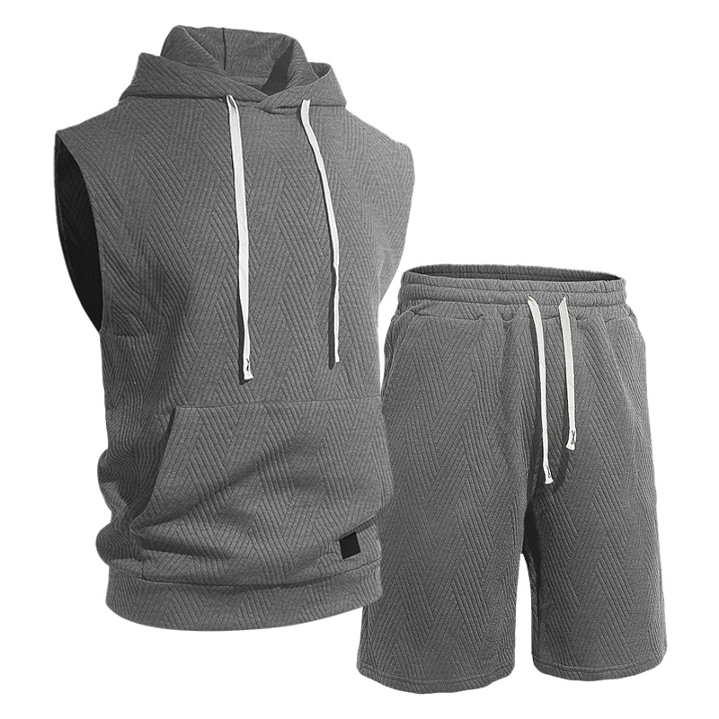 Monochrome Man- Cross-Border Solid Color Jacquard Knitted Hooded Sleeveless European And American Casual Sports Vest Shorts Set_viptrois.com