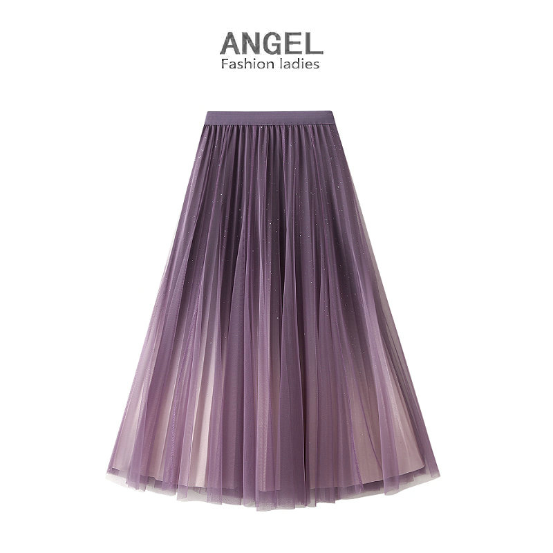 Starry sky gradient gauze skirt pleated long skirt female mesh skirt new style autumn and winter big swing skirt D1810_voghion.com