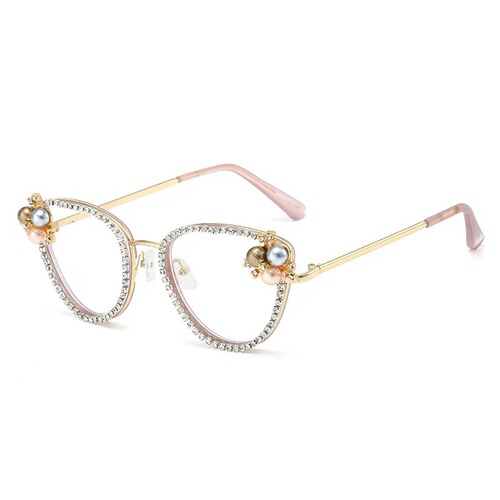 Cross-border new luxury women's glasses frame with diamonds and pearls retro cat eye anti-blue light flat mirror personalized party eyes