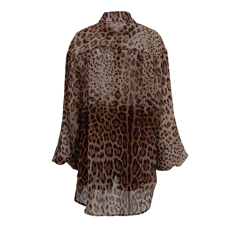 Vacation Summer Leopard Print Loose Outfit Sexy See through Long Sleeves Shirt Shorts Two Piece Set