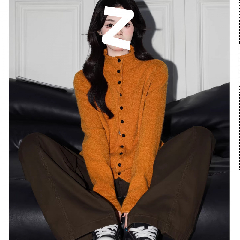 Original Design + High-Quality Knitting + Unique High-Neck Knitted Sweater for Women, Korean-Style Loose Long-Sleeve Cardigan Top Original Design + High-Quality Knitting + Unique High-Neck Knitted Sweater for Women, Korean-Style Loose Long-Sleeve Cardigan Top