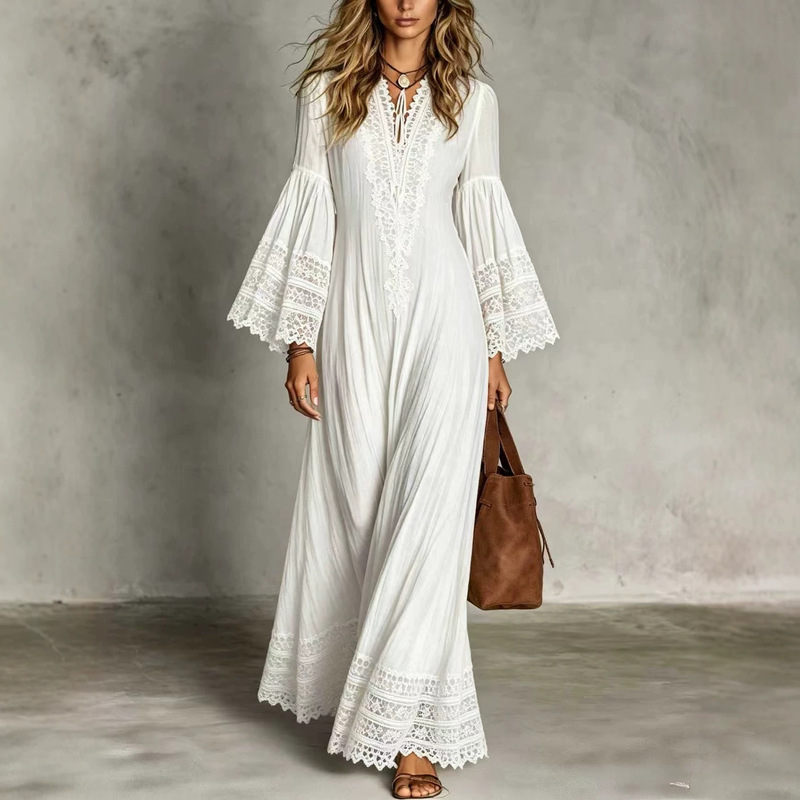 2026 European and American cross-border Amazon independent site Bohemian vintage resort-style exquisite lace patchwork dress