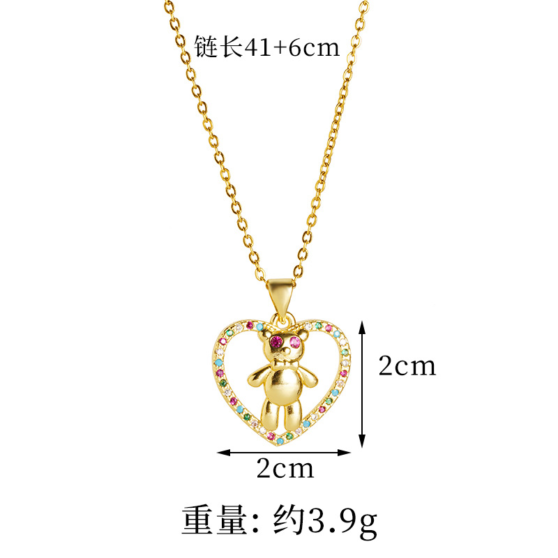 Collar de oro de arena de estilo antiguo Pendientes de oso en forma de corazón con incrustaciones de lujo ligero de moda