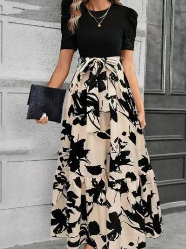 Cross-border women's spring dress 2025 best-selling floral print round neck dress, exotic vacation style elegant dress