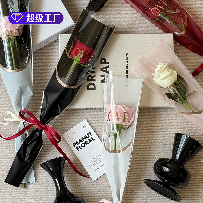 Nueva bolsa de ramo de vacaciones LOVE bronceado bolsa individual bolsa de rosas bolsa de celofán transparente bolsa de flores al por mayor