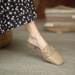 包頭半拖鞋穆勒鞋女時尚外穿懶人方頭中跟粗跟涼拖鞋法式復古夏季