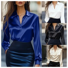 2025欧美亚马逊独立站新款 秋季时尚通勤缎面V领长袖衬衫衬衣女装