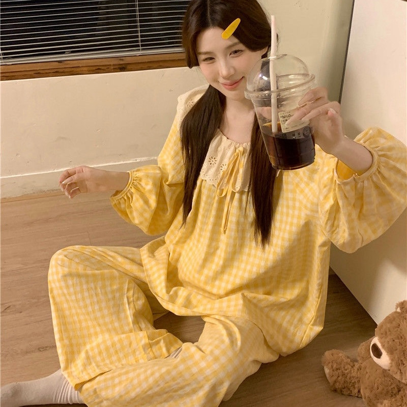 Autumn Cloud Cotton Lace Round Neck Long-Sleeved Trousers Pajamas Women's Suit Home Wear