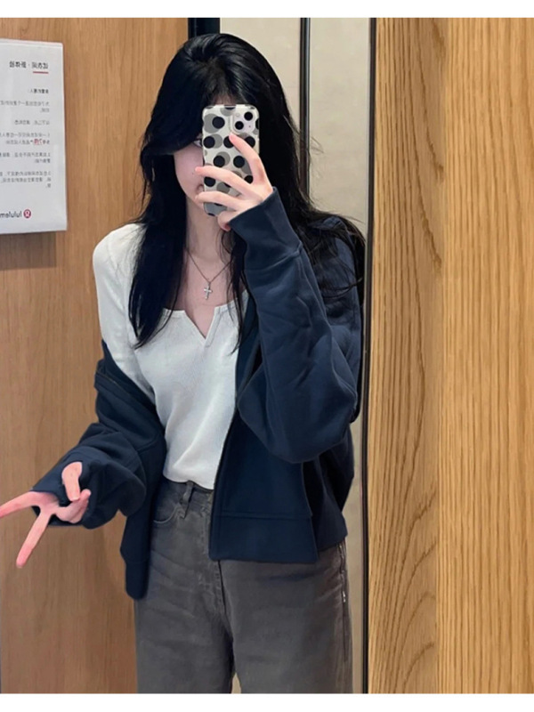 藏蓝色正肩薄外套女款春秋季短款卫衣小个子早秋上衣开衫2025新款|undefined