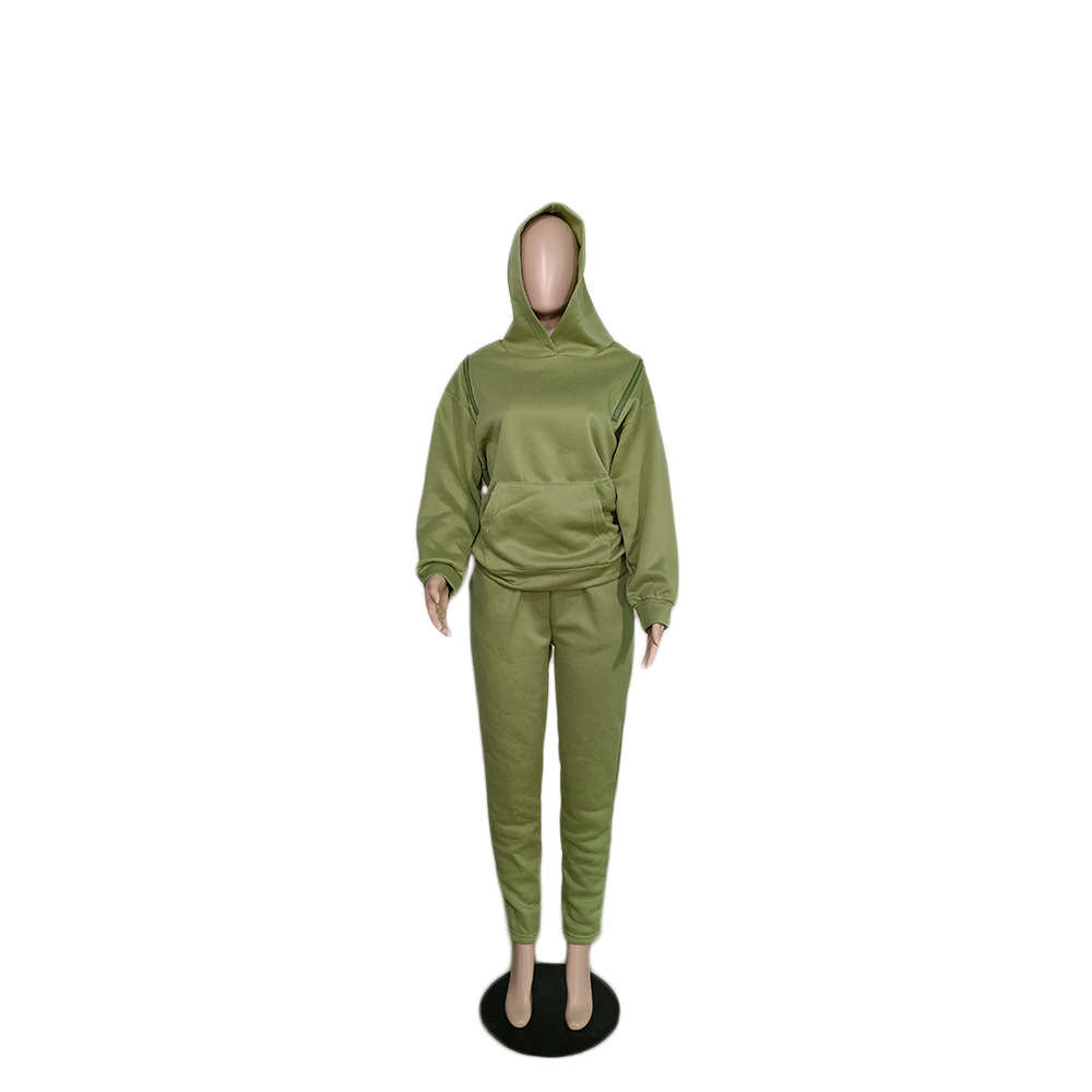 Plus Size Hooded Sweatshirt Set With Back Zipper - Soft Fleece Long Sleeve Pullover & Pants, Olive Green, Urban Casual Outfit For Women_ecoleips.com