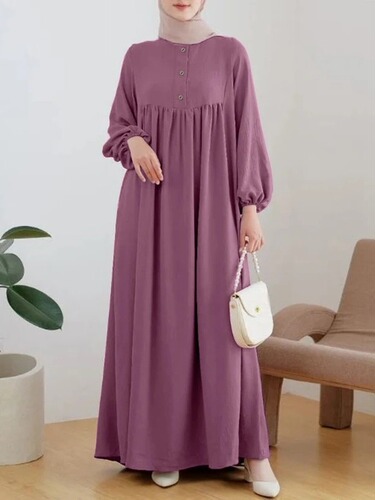 New Muslim Women's Long Robe: Stylish, Casual, with Puff Sleeves—Simple, Loose-Fitting, Solid-Color Dress