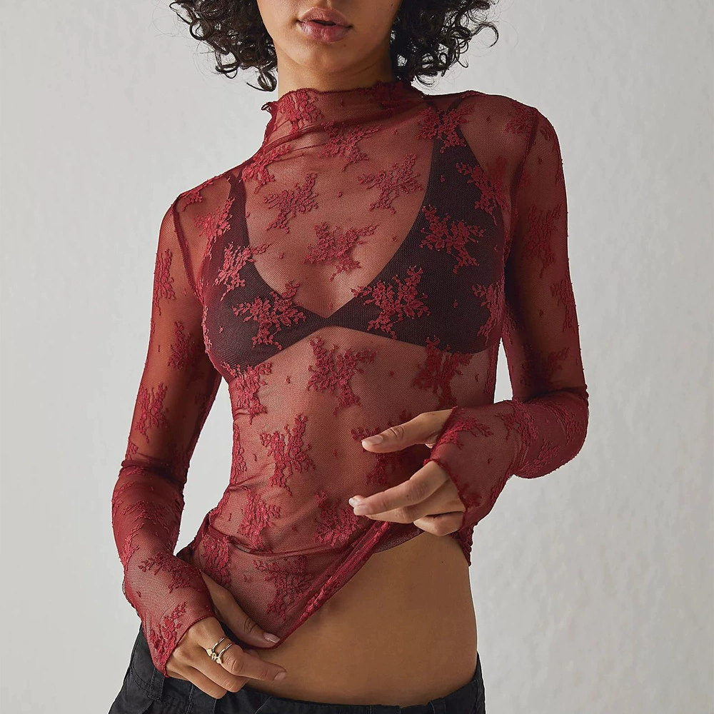 Туника из сетки с длинным рукавом, женская полупрозрачная растяжимая lace, дышащие многоцветные, размеры S–XL