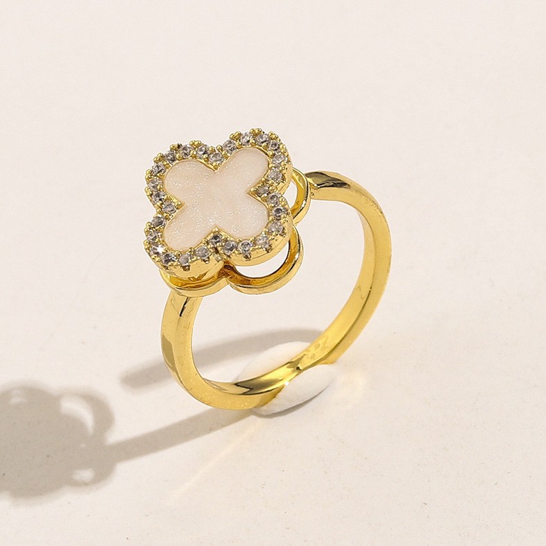 銅鍍18K指環旋轉四葉草貝母戒指滿鑽花朵開口可調節食指戒