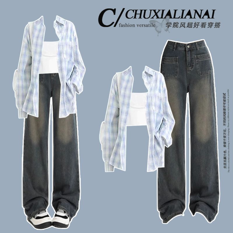 Fashionable Outfit # Loose and Versatile Plaid Top, Sun-Protective Shirt Jacket Paired with Straight High-Waisted Vintage Jeans. Fashionable Outfit # Loose and Versatile Plaid Top, Sun-Protective Shirt Jacket Paired with Straight High-Waisted Vintage Jeans.