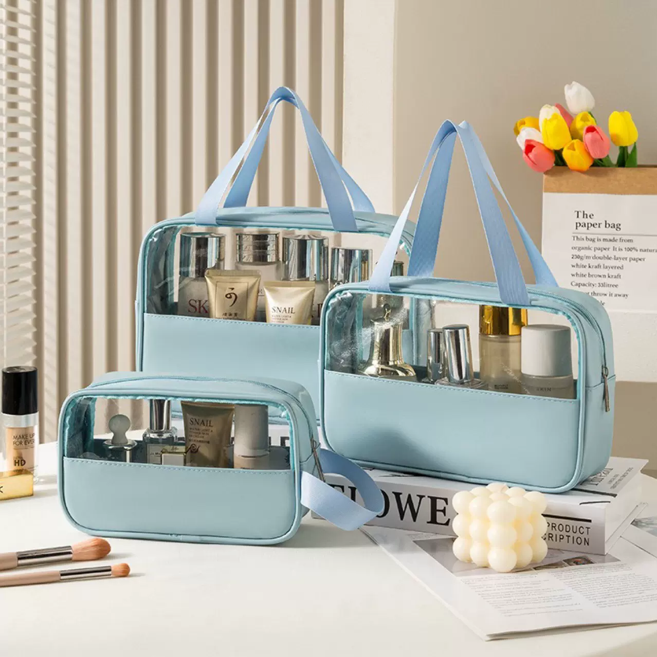 拼接化妆包大容量防水PVC半透明三件套洗漱包旅行收纳袋透明拼接