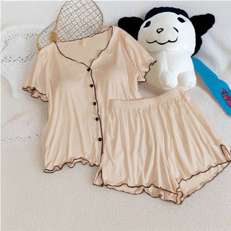 Summer Women's Pajamas Thin Cardigan Short-Sleeved Shorts Simple Casual Korean Style Bra-Free Home Clothes for Students