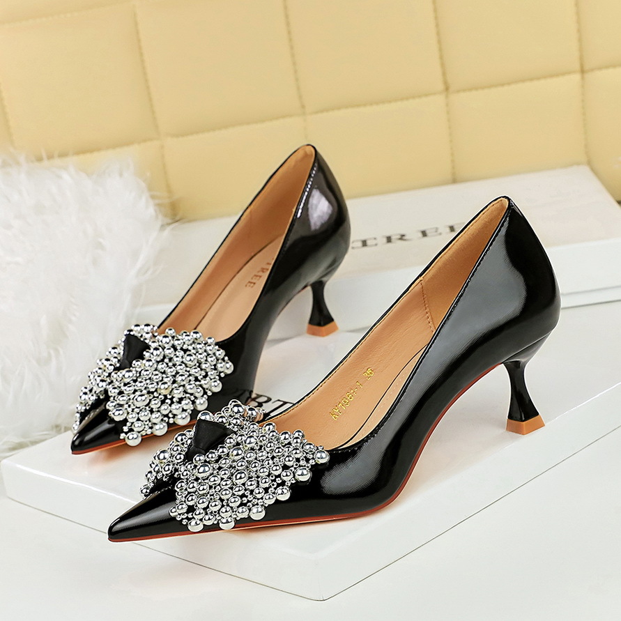 1961-H60 Feng Shui Diamond Bow Style High Heels Pointed Fine Heels Versatile Shallow Mouth Trendy Single Shoes for Women