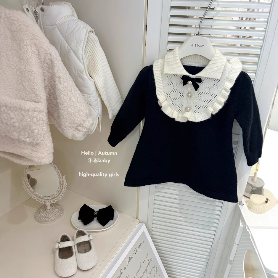 [Leen Kids] Otoño e invierno para niñas nuevo vestido de fragancia pequeña negra falda de punto de estilo occidental falda de princesa de moda