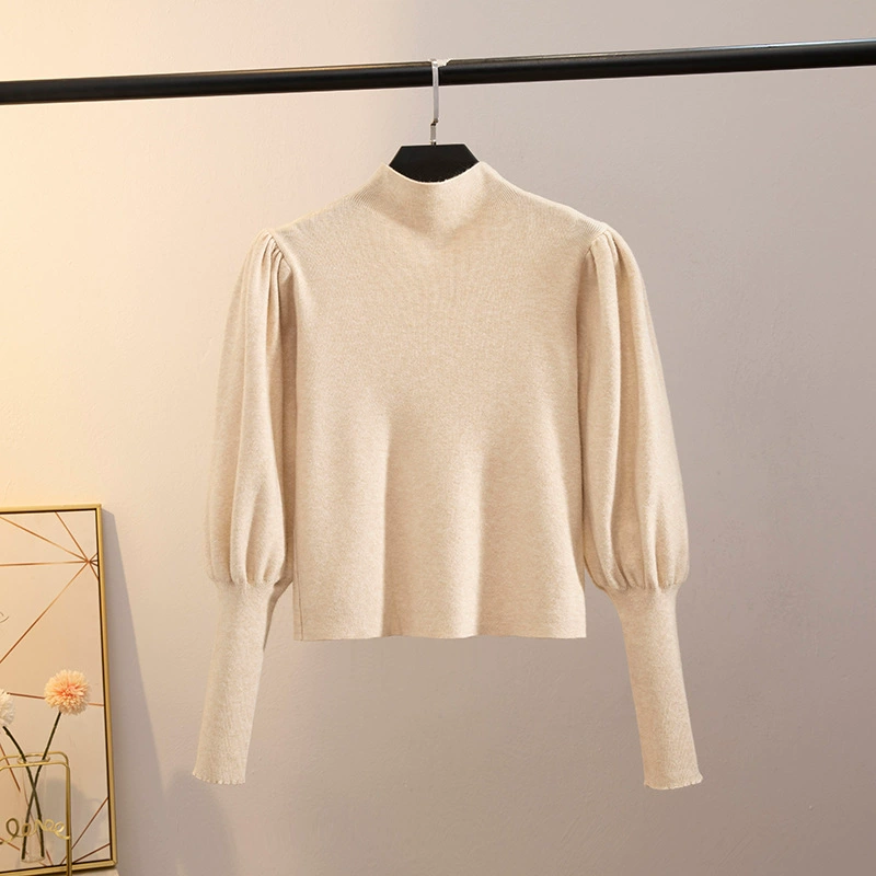Осенне-Зимний пуловер с пышными рукавами, белый короткий свитер с высоким воротником 2023 модная короткая универсальная теплая Базовая рубашка