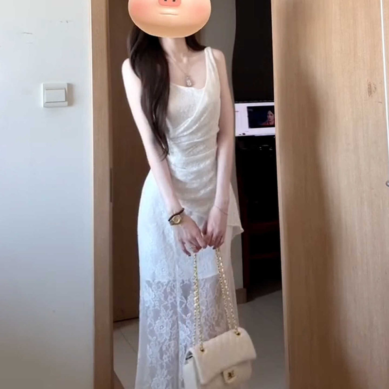 白色蕾丝吊带连衣裙子女夏季2025新款法式气质高级感修身包臀长裙|undefined