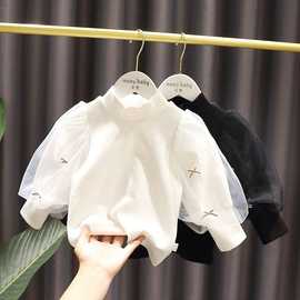 女宝宝网纱灯笼袖打底衫1-5岁女婴儿童春装韩版女童洋气半高领T恤