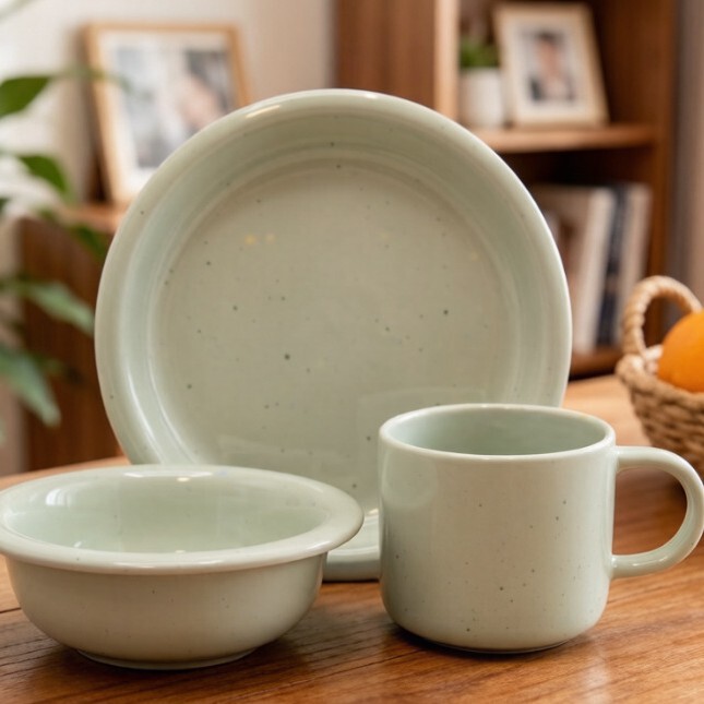 Light Cyan Spotted Ceramic Tableware Set, Solid Color Matte Bowl, Plate, and Cup Three-Piece Set, Household and Commercial Tableware Wholesale