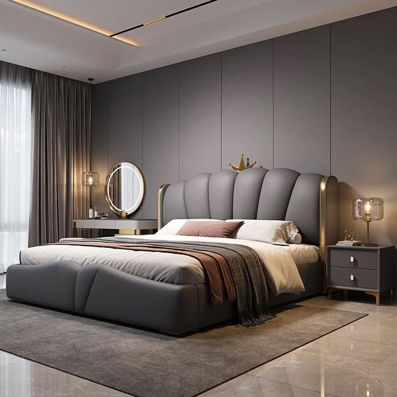 Cama de cuero ligera de lujo italiana doble cama principal cama de dormitorio moderna y simple cama de cuero blanda de arte nórdico cama de almacenamiento