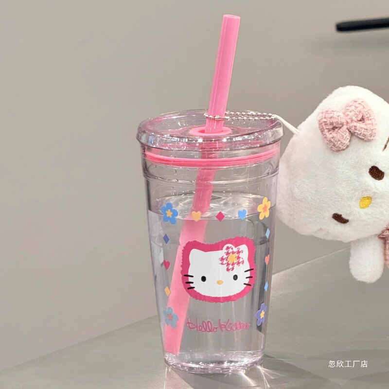 かわいいハローキティ猫ストローカップ高見え蓋付き大容量ミルクカップコーヒーカップドリンクカップギフト|undefined