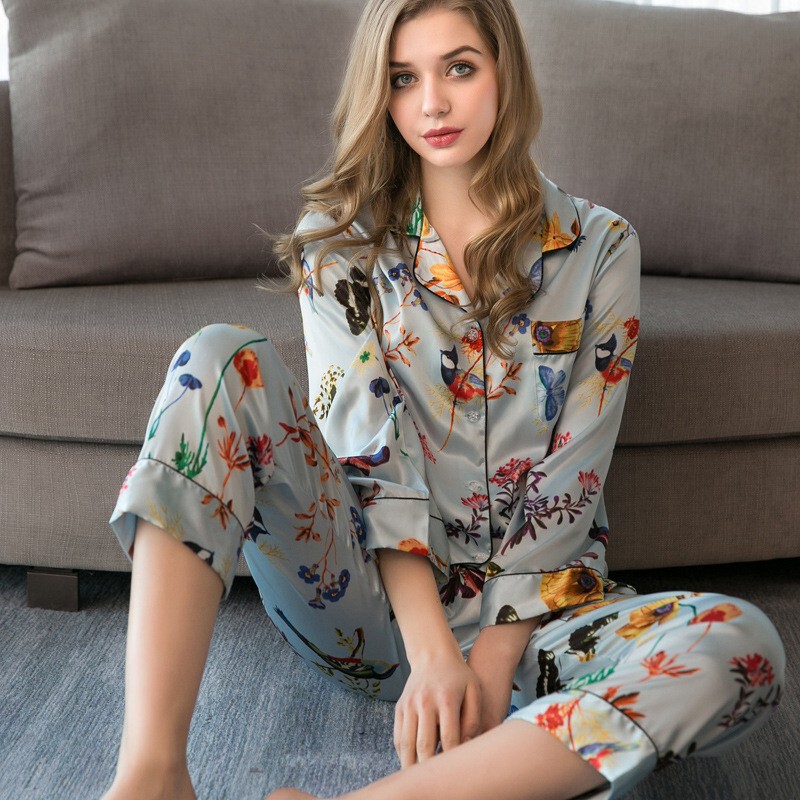 2023 Pajamas Korean-style Sweet Women's Two-piece Set Summer Silk Long-sleeved Ice Silk Spring and Autumn Sexy Home